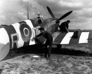 GB Spitfire-Flugzeuge bekommen eine
                              spezielle gestreifte Bemalung f�r den
                              D-Day, Mai 1944 ca.