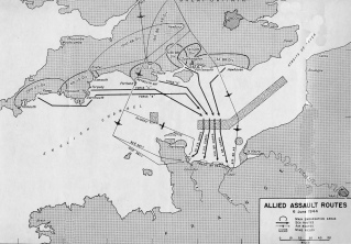 Karte 6.6.1944 Abfahrtsh�fen,
                                      Str�nde, Flugzeugrouten,
                                      Minenfelder