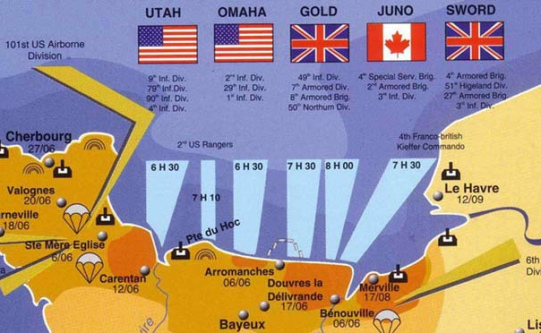 6.6.1944 Karte Landung der
                                      Alliierten, Zeiten und
                                      Fallschirmspringer
