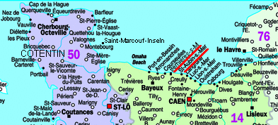 Karte mit den Positionen
                                Cotentin, Bernieres-sur-Mer und
                                Saint-Aubin-sur-Mer