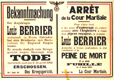 Calvados, Bekanntmachung der
                  Erschiessung von Louis Berrier, 2.8.1941