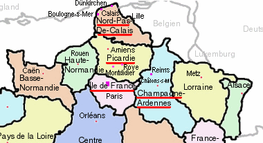 Karte mit Regionen Frankreichs
                            Nord-Pas-de-Calais, Picardie, Ile-de-France,
                            Champagne