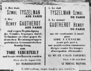 Paris
Widerstand: Ein Plakat berichtet, die beiden
kommunistischen Patrioten Tyszelman und
Gautherot seien erschossen worden Paris Widerstand: Ein Plakat berichtet, die
beiden kommunistischen Patrioten Tyszelman und
Gautherot seien erschossen worden