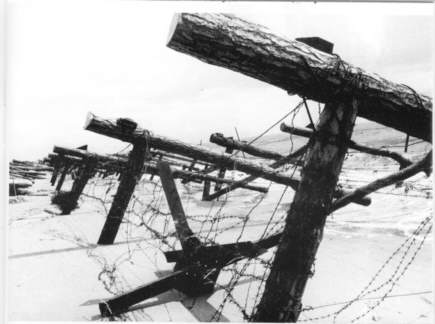 Strandhindernisse Tschechenigel und
                        Hemmbalken mit Stacheldraht