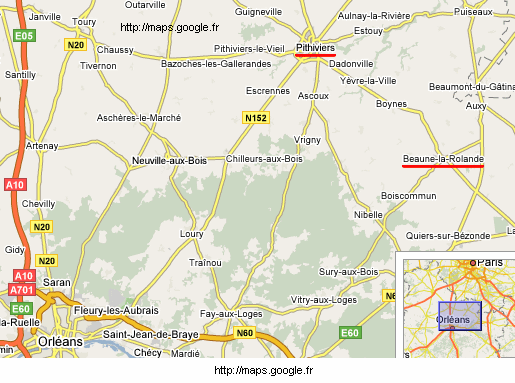 Karte
                      mit Pithiviers und Beaune-la-Rolande nrdlich von
                      Orlans