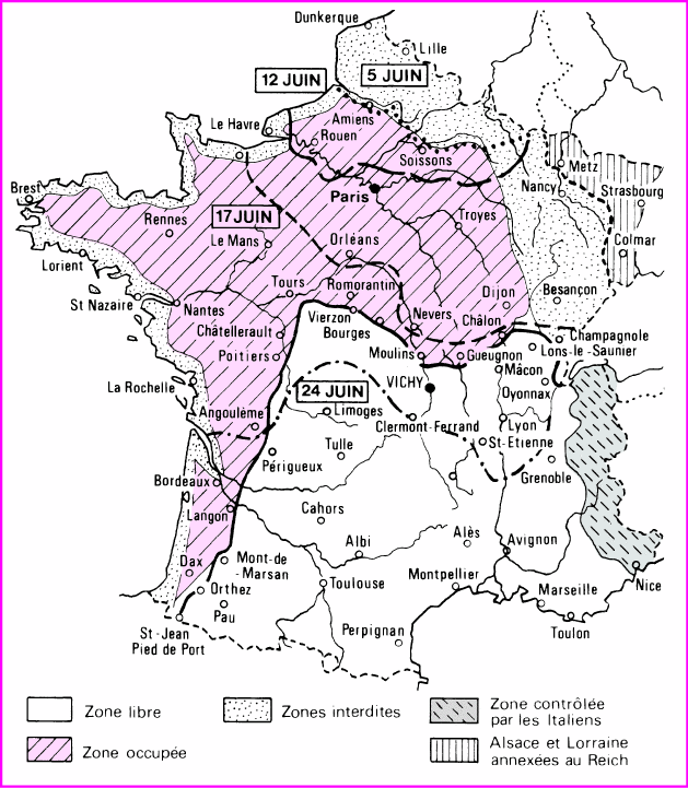 Karte Frankreichs mit Zonengrenze
              1940 bis Ende 1942