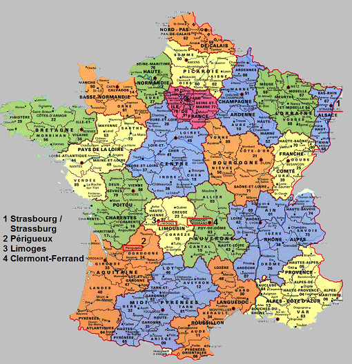 Strasbourg et les villes importantes dans Vichy
                France 1940-1944: Prigueux (2), Limoges (3) et
                Clermont-Ferrand (4)