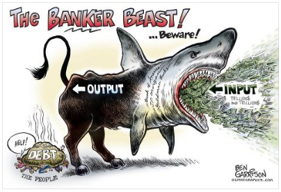 Das Banker Beast, halb Hai halb
Stier, schluckt viel Geld und hinten kommt nur ein
Schulden-Kuhfladen raus, der die Menschen
erdrückt Das Banker Beast, halb Hai halb Stier,
schluckt viel Geld und hinten kommt nur ein
Schulden-Kuhfladen raus, der die Menschen
erdrückt