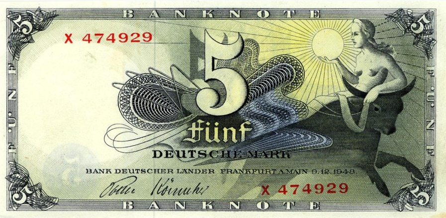 DM-Schein
von 1948 mit Europa mit freier Brust, eine sinnliche
DM, so sinnlich wie sonst kein Geldschein auf der
ganzen Welt. DM-Schein von 1948 mit Europa mit freier Brust,
eine sinnliche DM, so sinnlich wie sonst kein
Geldschein auf der ganzen Welt.