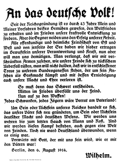 Call for war of Emperor Wilhelm II.
                              "To the German Folks" ("An
                              das deutsche Volk")