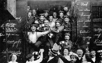 War fever on a railway wagon in
                              August 1914 with the writing "Go in
                              and win" (German: "Auf in den
                              Kampf")