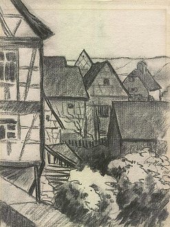 Adolf Hitler: Town quarter from
                                about 1905, pencil drawing