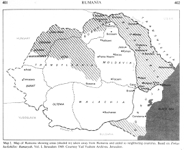 Encyclopaedia Judaica (1971): Rumania
                          (Romania), vol. 14, col. 401-402, map of
                          Romania 1939-1941