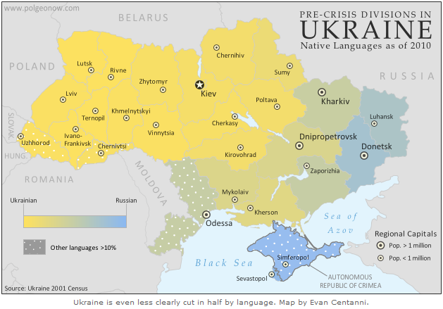 Karte mit
                  der Sprachenverteilung in der Ukraine zwischen
                  Russisch und Ukrainisch