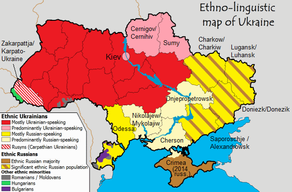 Karte der Ukraine
                  mit der Sprachverteilung und Ethnien