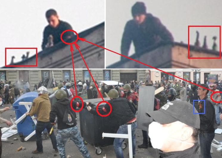 Geheimdienstler mit gefälschter, roter Binde
auf dem Dach und unten bei der Zerstörung der
Veranstaltungsstruktur Geheimdienstler
mit gefälschter, roter Binde auf dem Dach und unten
bei der Zerstörung der Veranstaltungsstruktur