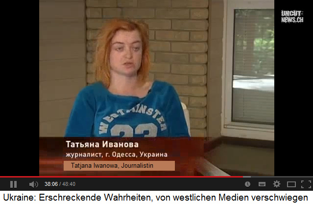 Tatjana Iwanowa,
Journalistin, berichtet über das Pogrom von Odessa
vom 2. Mai 2014 Tatjana
Iwanowa, Journalistin, berichtet über das Pogrom von
Odessa vom 2. Mai 2014