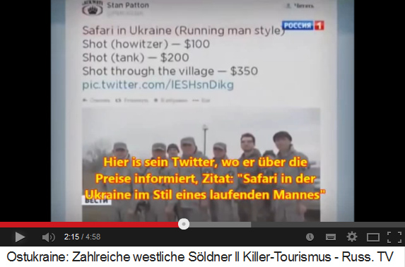 Anschlag mit der
Werbung für eine "Safari im männlichen
Stil" mit bezahlten Schüssen für 100, 200 und
350 Dollar pro Schuss Anschlag
mit der Werbung für eine "Safari im männlichen
Stil" mit bezahlten Schüssen für 100, 200 und
350 Dollar pro Schuss