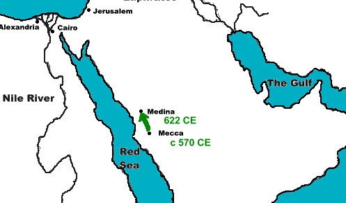 Karte mit der Auswanderung des
Fantasie-Muhammad nach Medina 622 Karte mit der Auswanderung des
Fantasie-Muhammad nach Medina 622