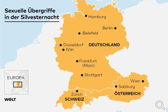 Karte des Schwarzen
                      Silvester 2015/2016 mit sexuellen
                      Massenübergriffen von kriminellen Muslimen auf
                      europäische Frauen in Deutschland, Österreich und
                      in der Schweinz