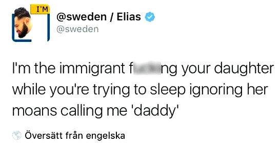 Schweden: Prahlerei von Elias gegen
                          schwedische Frauen, Screenshot des später
                          gelöschten Tweets