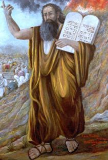 Patriarch Mose mit Schrifttafeln,
                                eine Darstellung aus der Phantasie ohne
                                jegliche archäologische Funde.