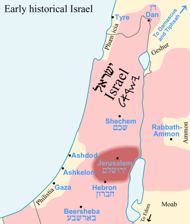 Karte mit Gebieten
                              von Israeliten, Phönikien, Geshur,
                              Philistia, Ammon und Moab