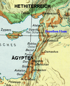 Karte:
                    Ägypten und Hethiterreich mit dem Orontesfluss als
                    Grenze