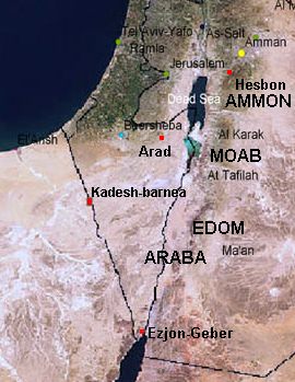 Karte mit Araba, Edom, Moab und Ammon,
                        Luftbild. Die Hlfte des Toten Meeres ist 2003
                        bereits ausgetrocknet