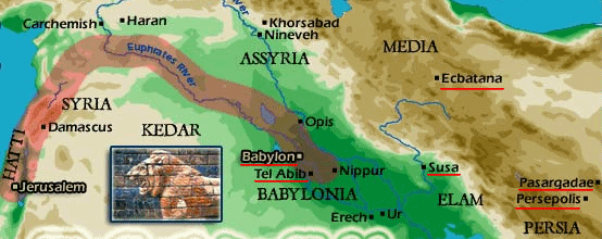 Karte mit den Städten
der Babylonischen Gefangenschaften: Babylon, Tel Abib,
Susa, Ecbatana, Persepolis und Pasargadae. Karte mit den Städten der Babylonischen
Gefangenschaften: Babylon, Tel Abib, Susa, Ecbatana,
Persepolis und Pasargadae.