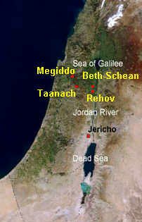 Karte mit Beth-Schean, Rehov, Megiddo
und Taanach, Luftbild Karte mit Beth-Schean,
Rehov, Megiddo und Taanach, Luftbild