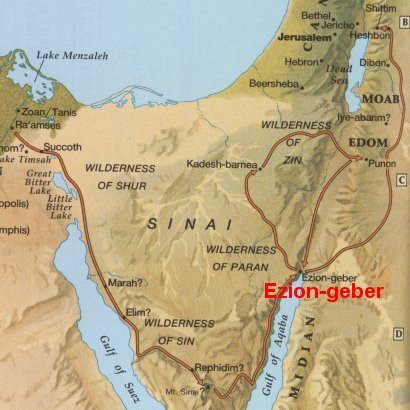 Karte mit Ezjon-Geber und dem angeblichen
                        Verlauf der Mose-Wanderung