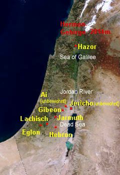 Karte mit Jericho, Ai,
                      Gibeon, Jarmuth, Lachisch, Eglon, Hazor und
                      Hermon-Gebirge (2814m)