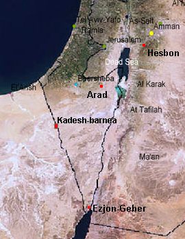 Karte mit Kadesh-barnea,
                      Ezjon-Geber, Arad und Hesbon, Luftbild