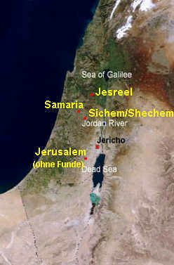 Karte mit Sichem /
Shechem, Samaria, Jerusalem und Jesreel. Für
Jerusalem sind für diese Zeit keine Funde
auffindbar. Karte mit Sichem /
Shechem, Samaria, Jerusalem und Jesreel. Für
Jerusalem sind für diese Zeit keine Funde
auffindbar.