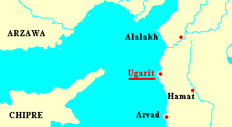 Karte mit Ugarit an der oberen Mittelmeerküste
                gegenüber von Zypern