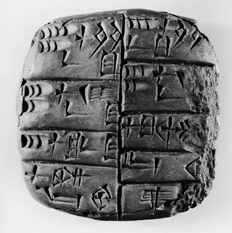 Tontafel mit
                            Keilschrift aus Lagasch, ca. 2500 v.Chr.,
                            mit einer Kleiderabrechnung des Tempels der
                            Hauptgöttin