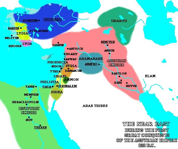 Mapa con Asiria, Siria e Israel, 820 a.C.