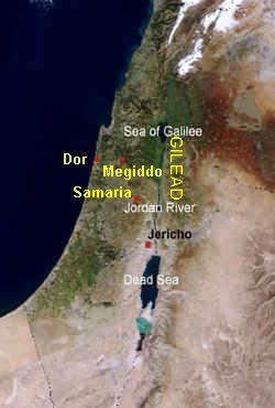 Mapa con Dor, Megido,
                        Gilead y Samara