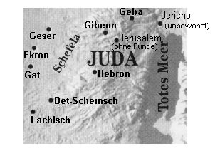Mapa de
                              Jud con Laquis, Shefela, Hebrn, Bet
                              Shemesh, Ecrn, Gaban, Gat y Geba
