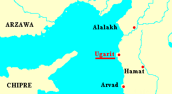 Mapa con Ugarit en la costa superior del Mediterrneo
              cerca de Chipre