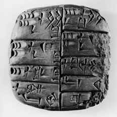 Placa de adobe con
                                escritura cuneiforme de Lagash, de 2500
                                a.C. apr., con una cuenta para ropa del
                                templo de la diosa principal