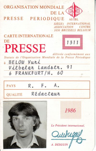 Presseausweis von Jurij Below von 1986