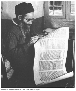 Encyclopaedia Judaica (1971): History,
vol. 8, col. 771-772: A Jerusalem Torah scribe. Photo
Werner Braun, Jerusalem Encyclopaedia Judaica (1971): History, vol. 8, col.
771-772: A Jerusalem Torah scribe. Photo Werner Braun,
Jerusalem