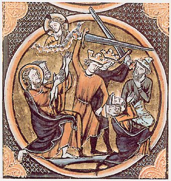 Crusaders
                attack Jews with a Jewish hat in horn form, French
                biblical illustration 1250