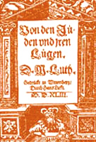 Luther,
                writing "From the Jews and their lies", book
                cover