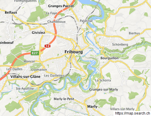 Mapa con la ciudad de
                  Friburgo en Suiza y Bourguillon al lado