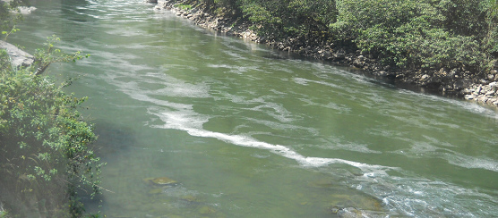 El ro Urubamba
                      contaminado con los desages de Cusco 04 - vista
                      de cerca de la espuma, la cloaca de Cusco