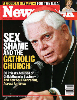 Newsweek
                        con la historia titular "Sexo vergenza y
                        la iglesia cacolica" ("Sex,
                        Schande+kath. Kirche") contra el cardenal
                        Law, 4 de marzo 2002