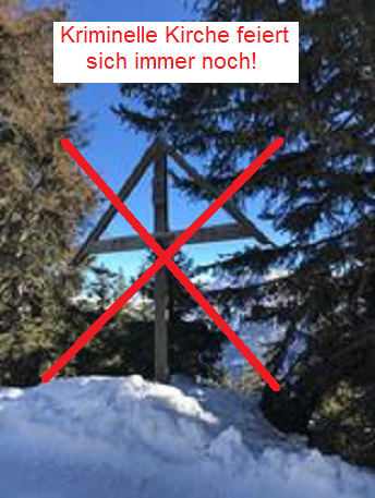 Kriminelles Fantasiekreuz auf der
                              Bettmeralp im Kanton Wallis,
                              beschriftet+durchgestrichen